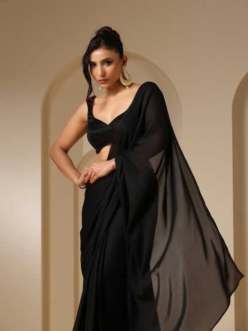 Black Panther Satin Chiffon Saree with Blouse Fabric