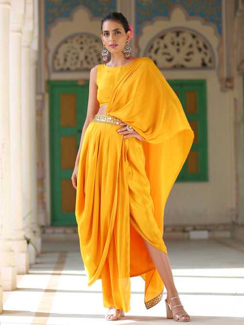 SET | Yellow wrap Dhoti Saree with Mirror Waist & Tie Blouse