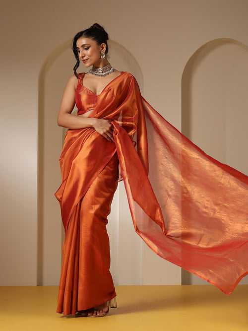 Banarasi Red Orange Saree with Crushed Pallu and Blouse Fabric