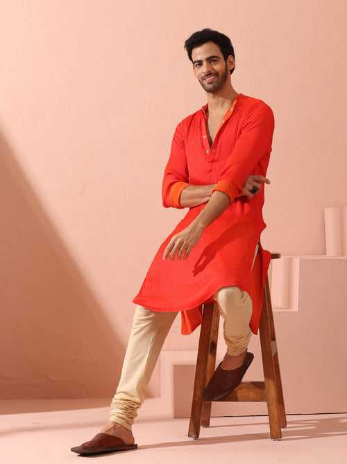 Reversible Fire and Cool Orange Red Chiffon Kurta With Snaps