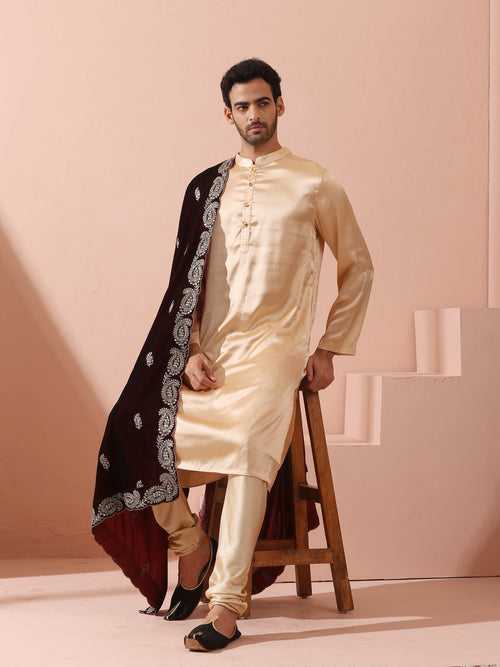 Fawn Satin Kurta with Gold Buttons