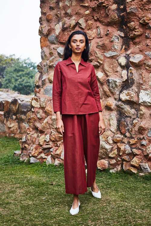 Red Cotton Linen Popover Shirt