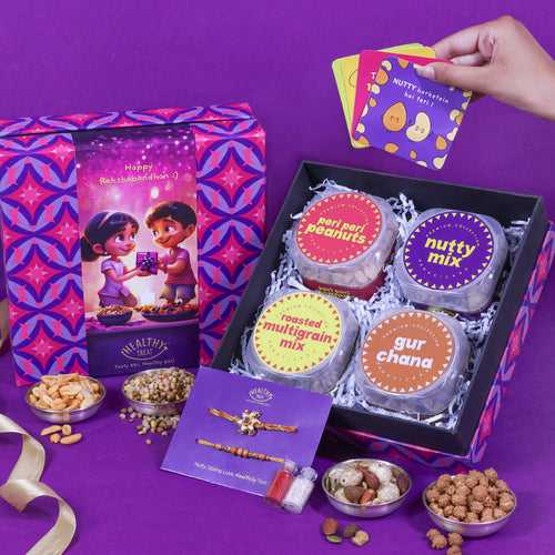 Nourishing Rakhi Surprise Rakhi Gift Hamper | Pack of 4 snacks, 1 Pair Rakhi, 1 Roli chawal, 4 Stickers