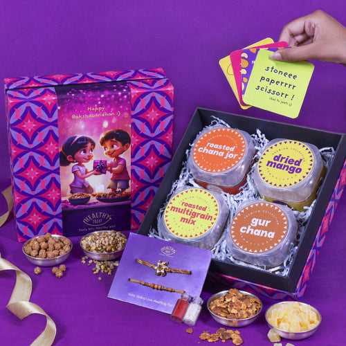 Rakhi Bliss Box Rakhi Gift Hamper | Pack of 4 snacks, 1 Pair Rakhi, 1 Roli chawal, 4 Stickers