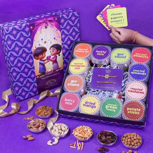 Super Snacker Sibling Box Rakhi Hamper | Pack of 12 snacks, 1 Pair Rakhi, 1 Roli chawal, 4 Stickers