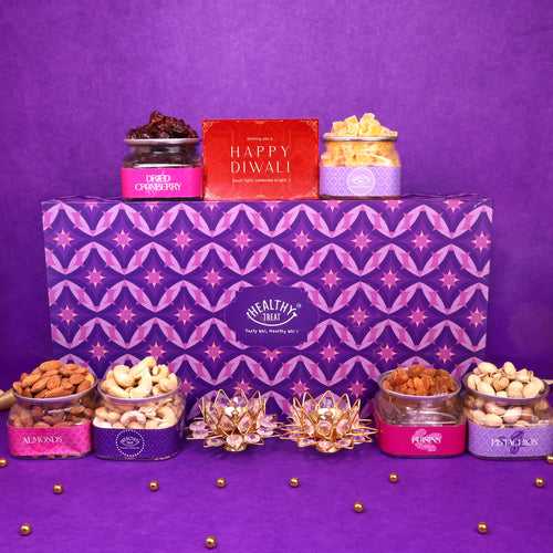 Elegance Premium Dry Fruit Diwali Gift box - Pack of 6 snacks, 2 Brass Diyas