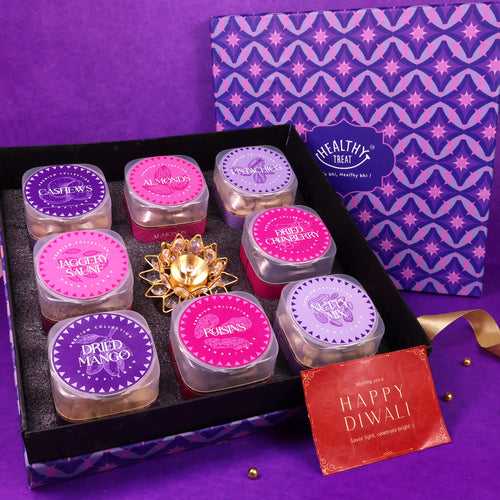 Gala Premium Dry Fruit Diwali Gift Box - Pack of 8 snacks, 1 Brass Diya