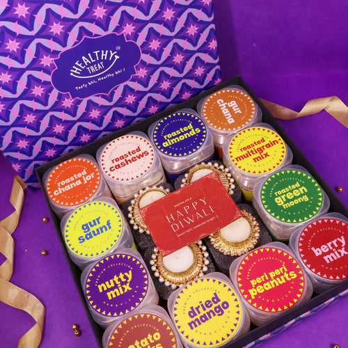 Super Snacker Premium Diwali Gift Box Hamper - Pack of 12 snacks, 4 diyas