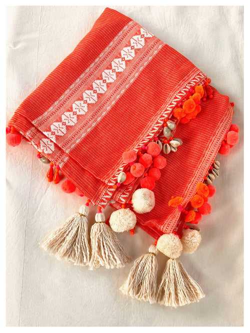 Embellished Cotton Stole - Coral