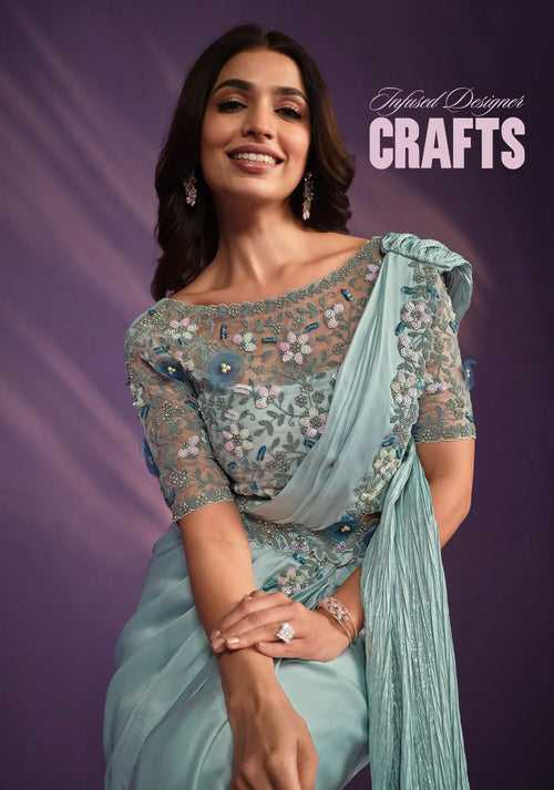 Afternoon Partywear Aqua Satin Crepe Pre-Stitched Sari with Belt