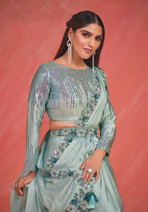 Day Partywear Blue Crepe Silk Pre-Stitched Sari And Top | Ornated Belt
