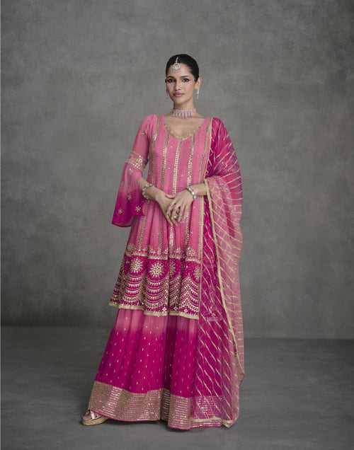 Festive Shaded Pink Georgette Sharara Suit For Engagement Wear