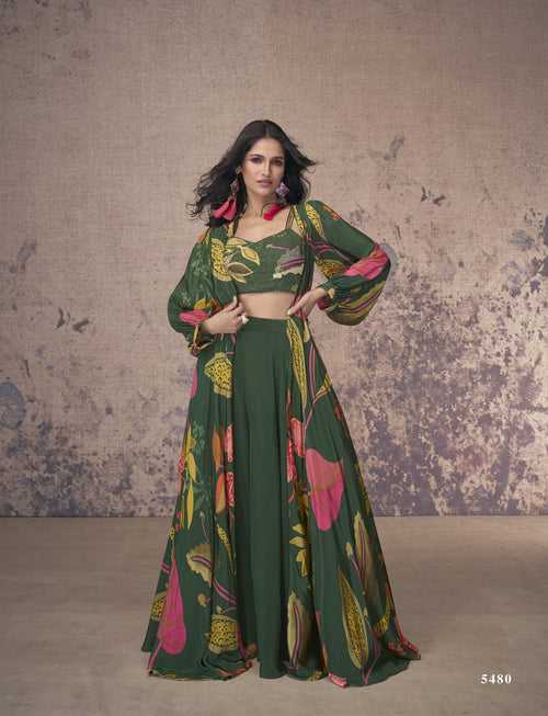 Mehendi Wear Green Crepe Floral Indo-Western Crop-Top Flowy Shrug Set