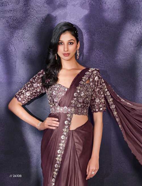 Bridal Partywear Burgundy Satin Designer Readymade Sari | Cutwork Belt