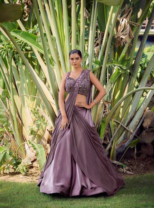 Bachelorette Partywear Purple Indo-Western Lehenga Gown