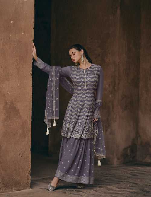 Designer Lavender Georgette Sagaai Function Wear Sharara Suit