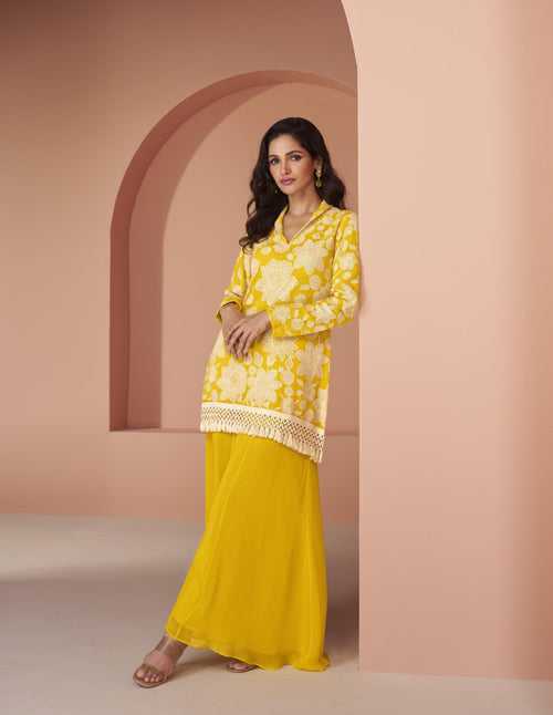 Haldi Wear Yellow Silk Georgette Indo-Western Designer Co-ord Set