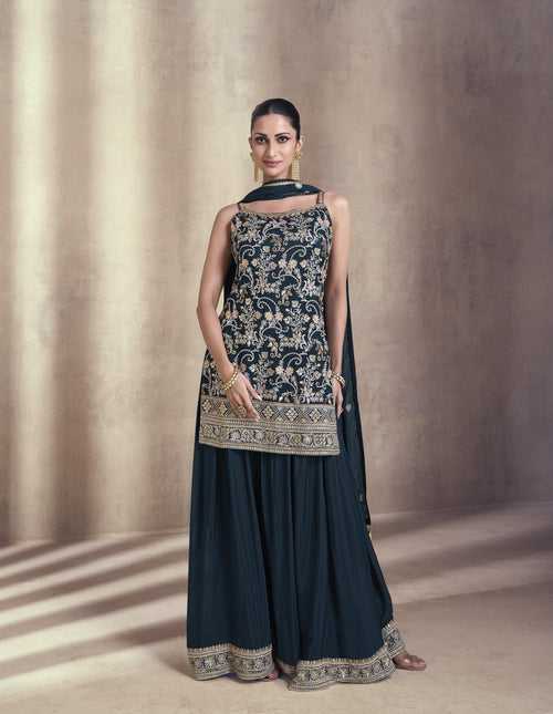 Engagement Wear Blue Silk Sleeveless Sharara Suit