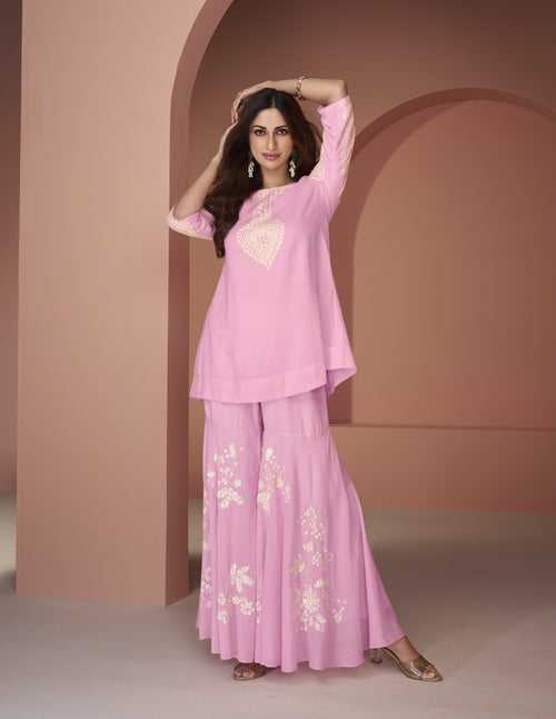 Celebration Wear Pink Cotton Silk Fusion Fashion Sharara Co-ord Set