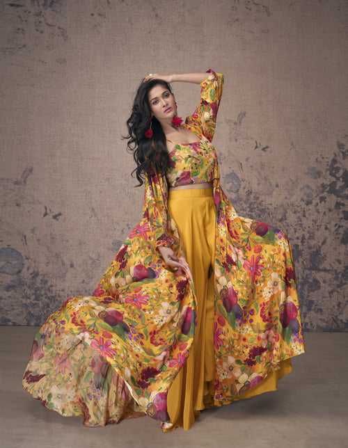 Haldi Partywear Multi-Color Crepe Floral Designer Crop Top Shrug Set