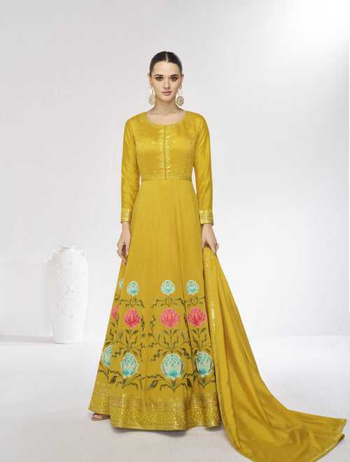 Readymade Designer Yellow Silk Indo-Western Haldi Partywear Anarkali Gown