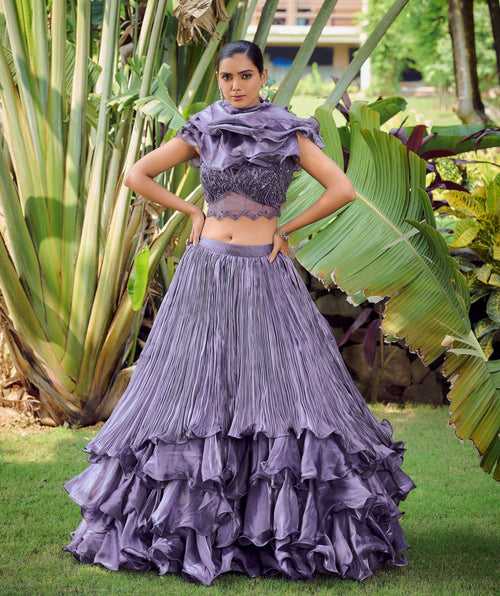 Evening Partywear Lilac Silk Layered Skirt & Crop Top