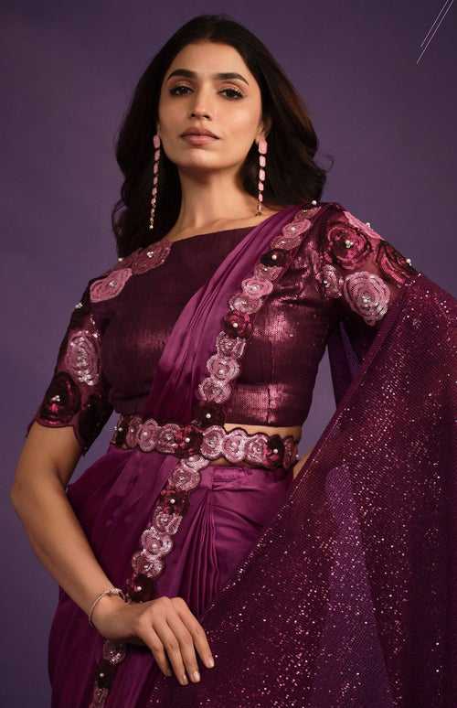 Bachelorette Partywear Burgundy Crepe Fusion Sari with Belt