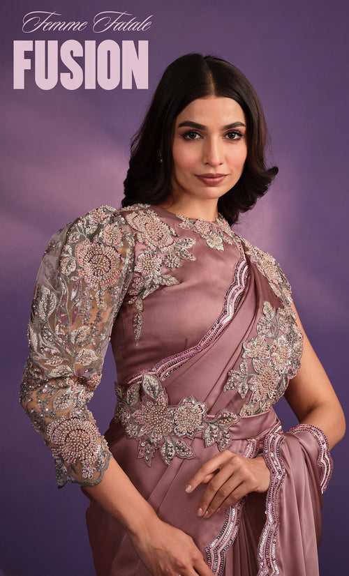 Reception Wear Mauve Satin Crepe Pre-Stitched Sari with Belt | Readymade Blouse