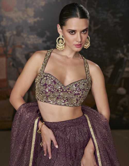 Sangeet Partywear Purple Organza Indo-Western Lehenga Crop Top