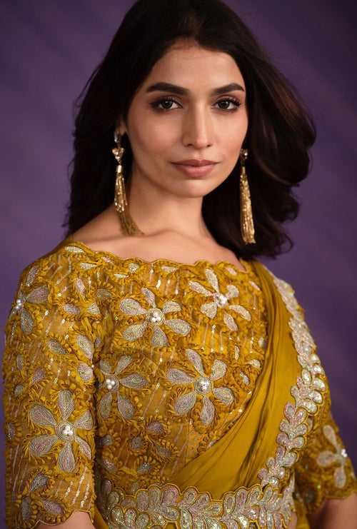 Haldi Wear Yellow Crepe Pre-Stitched Sari with Belt | Readymade Blouse