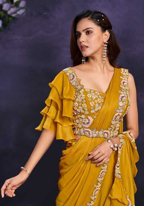 Haldi Party Yellow Crepe Ready To Wear Sari | Cutwork Belt And Corset