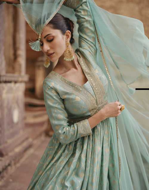 Blue Jacquard Indo Western Anarkali Gown for Engagement