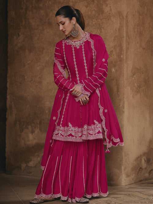 All Occasion Wear Pink Silk Sharara Suit For Sangeet Party