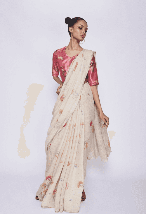 Beige Carnation Linen Sari