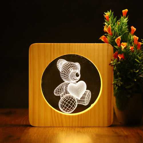 3D Wooden Teddy Bear Night Lamp with Heart