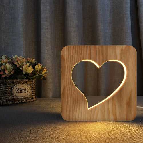 3D LED Wooden Night Light Hollow Table Lamp-Heart