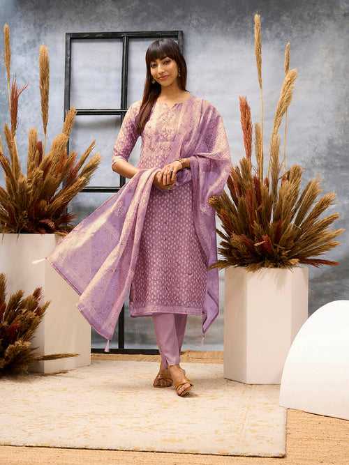 Purple Kurta Set - Women Chanderi Silk Comfort Kurta Set with Dupatta - Zola