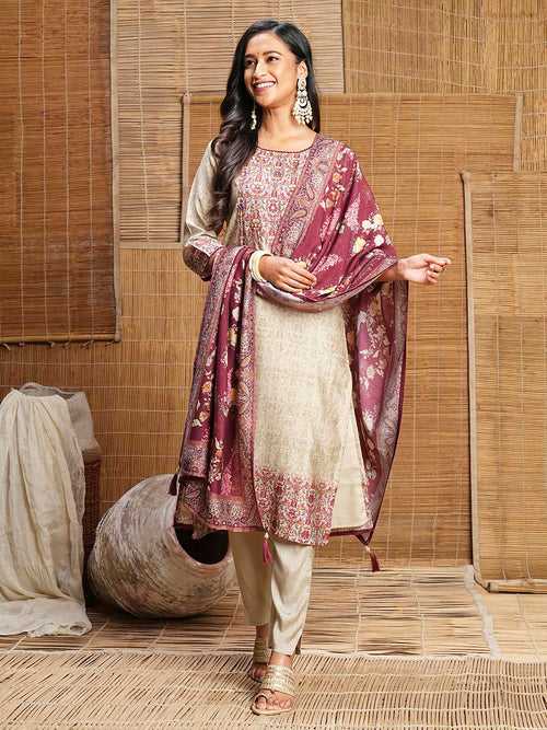 Maroon Muslin Suit Set with Dupatta for Women Online India - Zola
