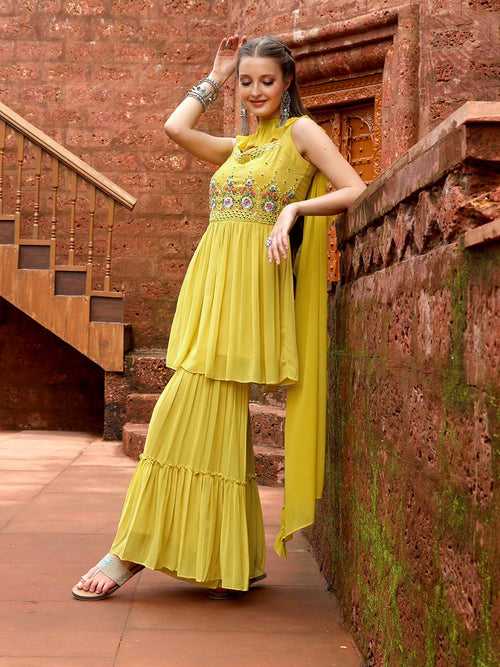 Zola Georgette Round Neck Sleeveless Yellow Floral Embroidered Ethnic wear Kurta with sharara & Dupatta for Women