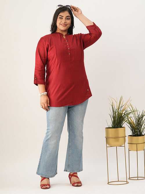 Maroon Comfort Fit Rayon Tunics for Women Online India Hip Length Straight - Zola