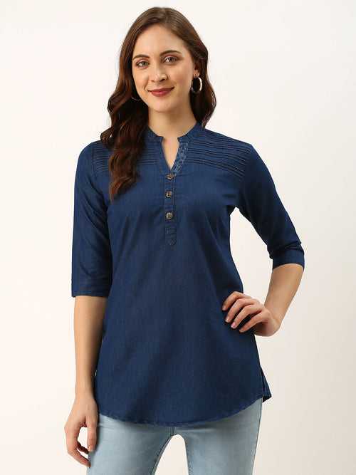 Mandarin Collar Denim Fabric Solid Hip Length Dx Blue Color Straight Tunic For Women - Zola