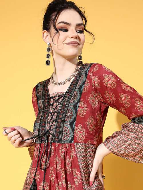 V- Neck Muslin All Over Traditional Motifs and Chevron Print Hip Length Bell Sleeves Rust Flared Tunic For Women - ZOLA