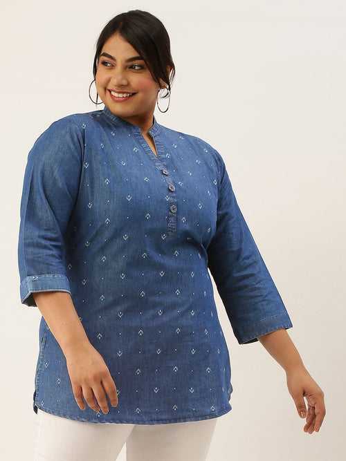 Exclusive Mandarin Collar Denim Fabric All Over Ditsy Butti Print Hip Length Stone Blue Straight Tunic For Women - ZOLA