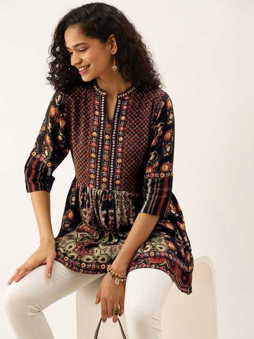 Mandarin Collar Viscose All Over Ethnic Print Black Fit & Flare Tunic For Women - ZOLA