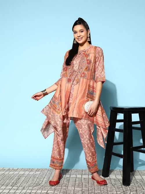 ZOLA Round Neck Chanderi Silk All Over Ethnic Print Peach Straight Co-Ord Set For Women