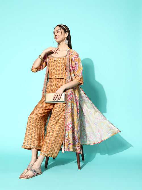 ZOLA Exclusive Square Neck Muslin All-over Chevron Print Mustard Straight Kurta Set For Women