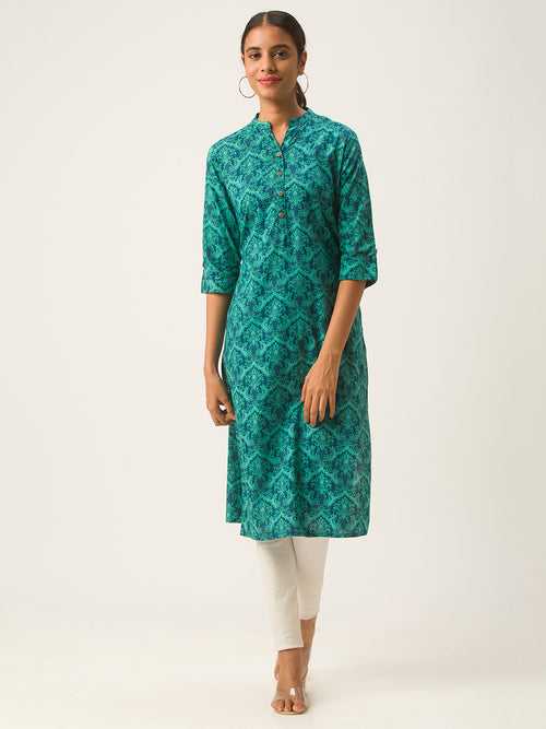 Zola Cotton Blue Mandarin Collar 3/4th Sleeves Ethnic Motifs Print Kurta for Women