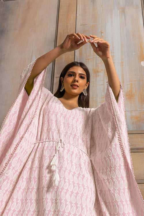 ADA- CHIKANKARI KAFTAN DRESS - Baby Pink