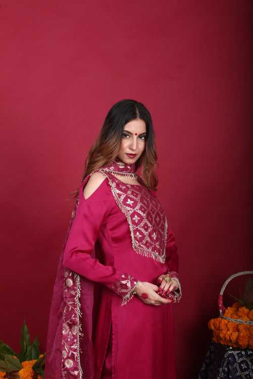 Isha-Cold-shoulder kurta set-Plum Purple