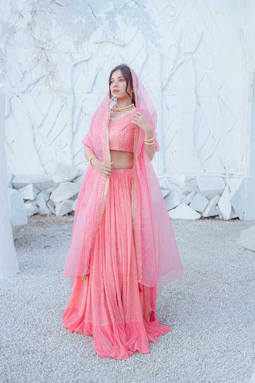 Masoom Chikankari Lehenga, Blouse & Dupatta - Peachy Melon